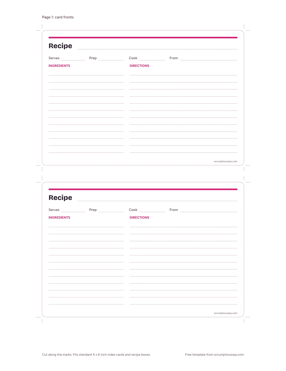 4x6 recipe card template preview, two cards per page