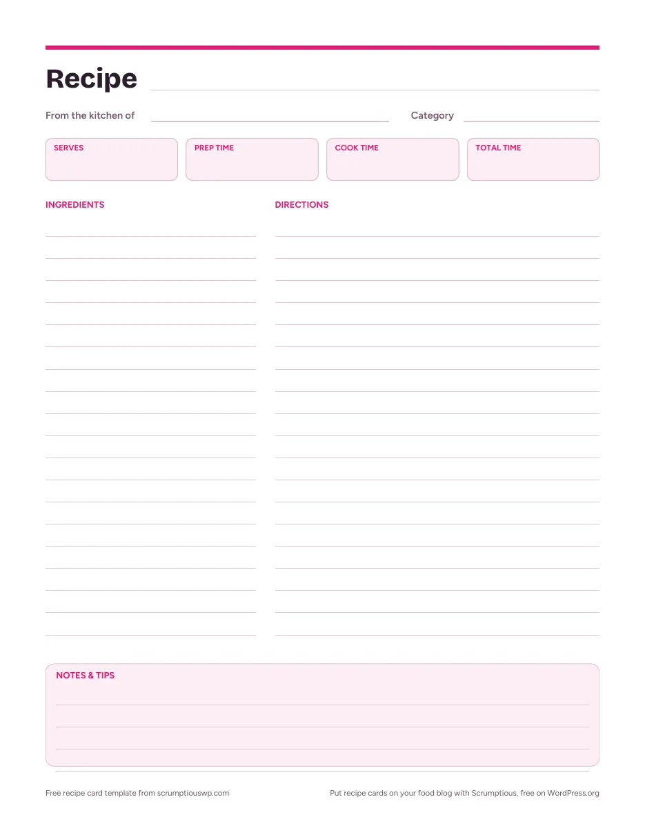 Preview of the free full-page recipe card template with ingredients, directions and notes