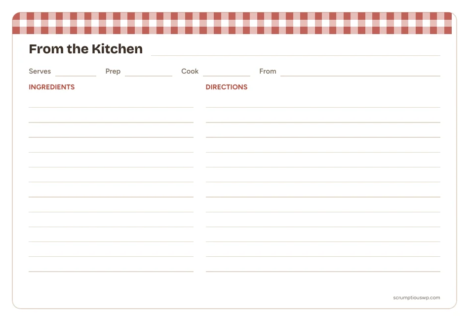 Free printable 4x6 recipe card: Farmhouse Gingham design