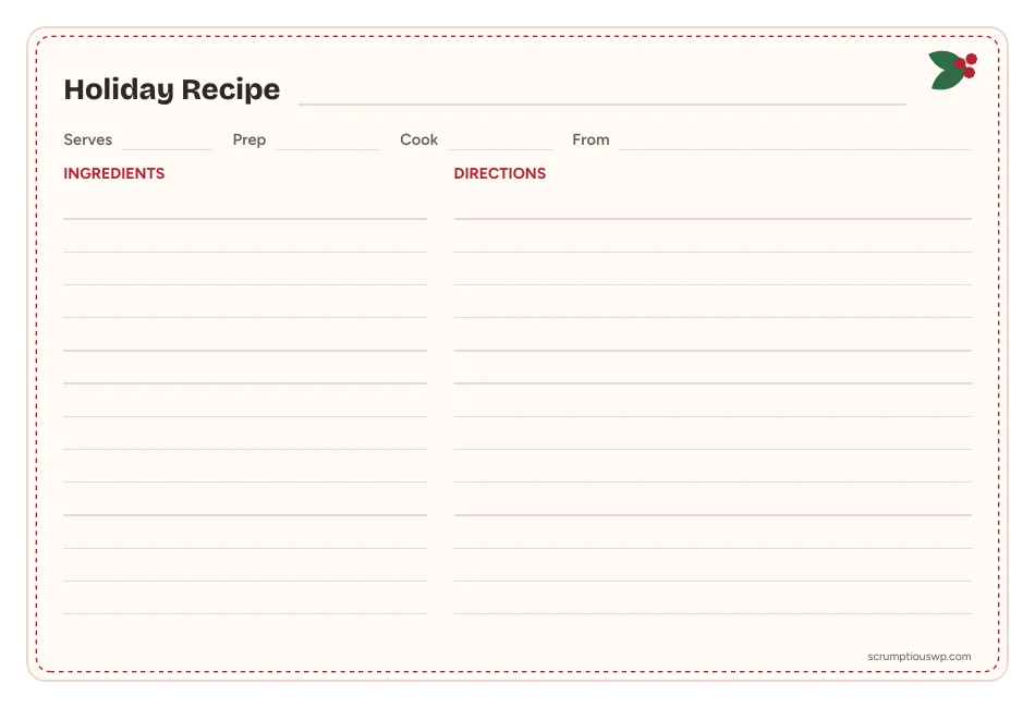 Free printable 4x6 recipe card: Holiday design