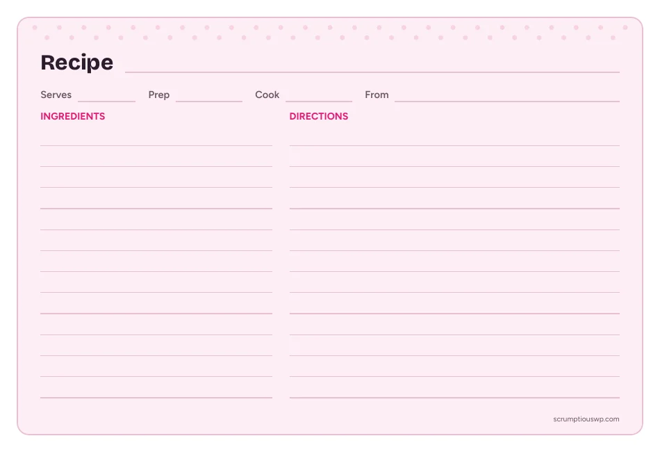 Free printable 4x6 recipe card: Sweet Pink design